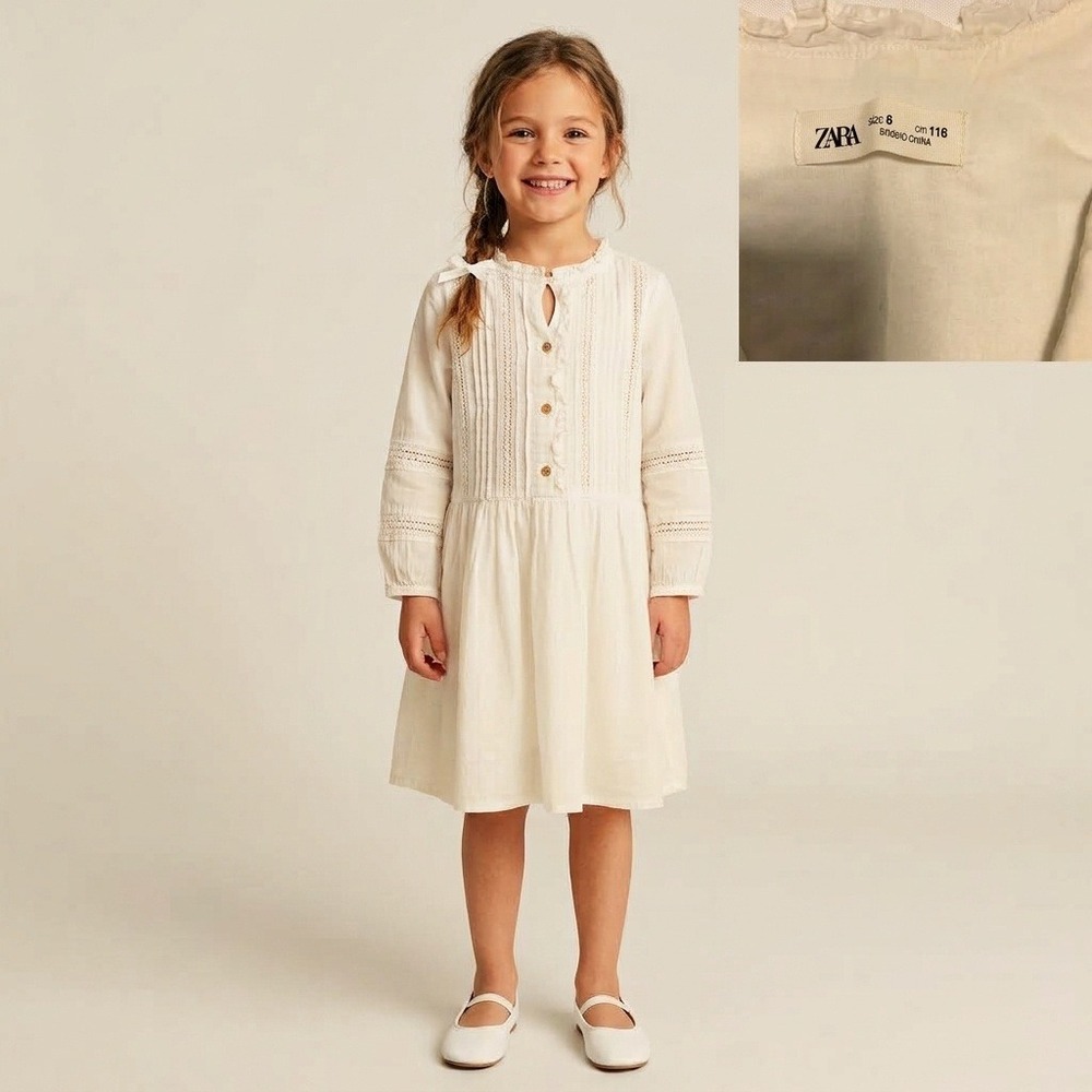 Zara Lace Pintuck Dress Kids Size 6 Cream Excellent Boho Long Sleeve Ruffle